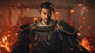 A stern samurai in ornate armor stands amidst a fiery backdrop, exuding strength and intensity. Flames and embers enhance the dramatic, intense scene.