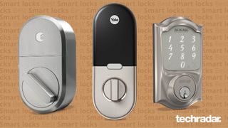 The August Smart Lock Pro, the Yale x Nest smart lock and the Schlage Sense Smart Lock on an orange background