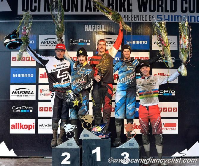 Elite men's downhill World Cup podium in Hafjell, Norway: Samuel Blenkinsop, Danny Hart, Steve Smith, Andrew Neethling, Greg Minnaar