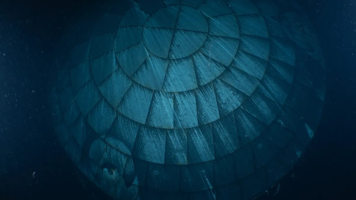 A view of the Artemis 2 Orion heat shield underwater. The heat shield appears as different shades of dark blue.