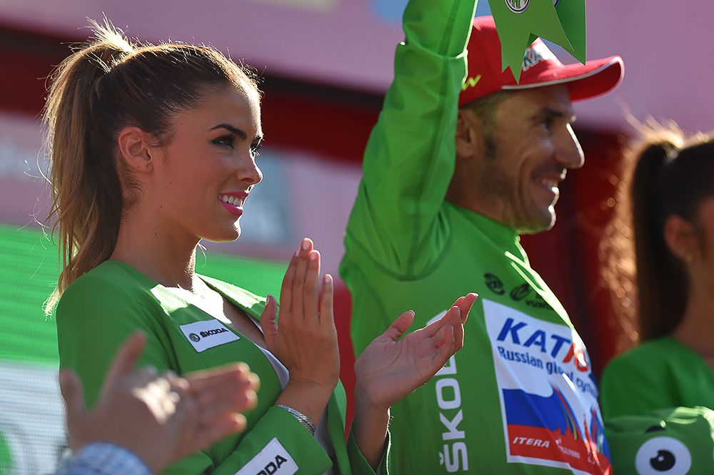Joaquim Rodriguez in green on the stage 20 podium.