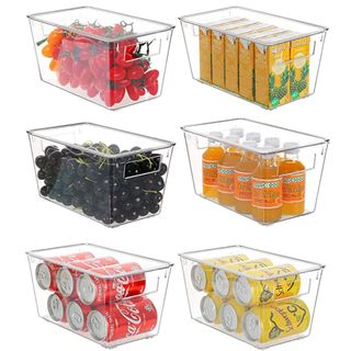 Six clear plastic boxes with food and drink inside