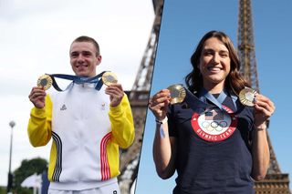 Remco Evenepoel and Kristen Faulkner pose with their gold medals at the 2024 Paris Olympics.