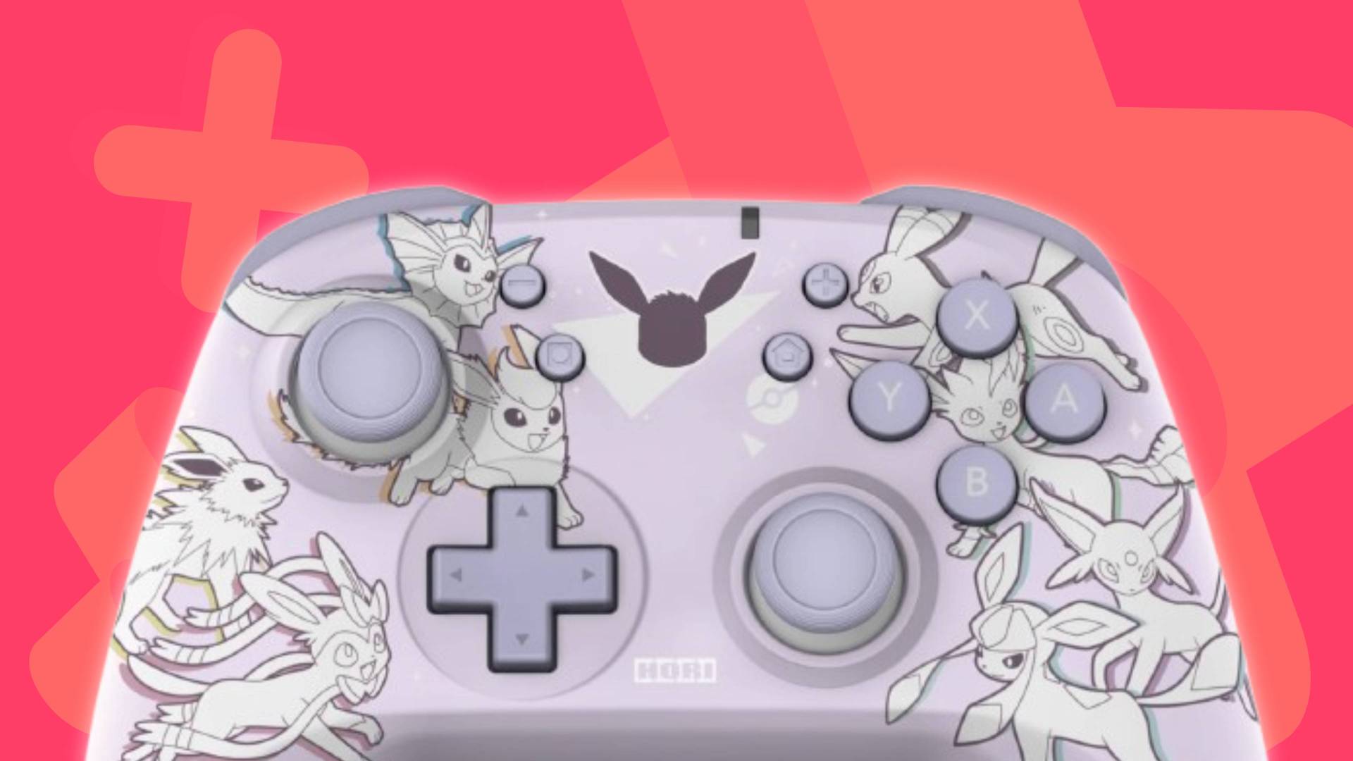 Image of the Eevee Evolutions Hori Nintendo Switch controller on a pink GamesRadar+ background.