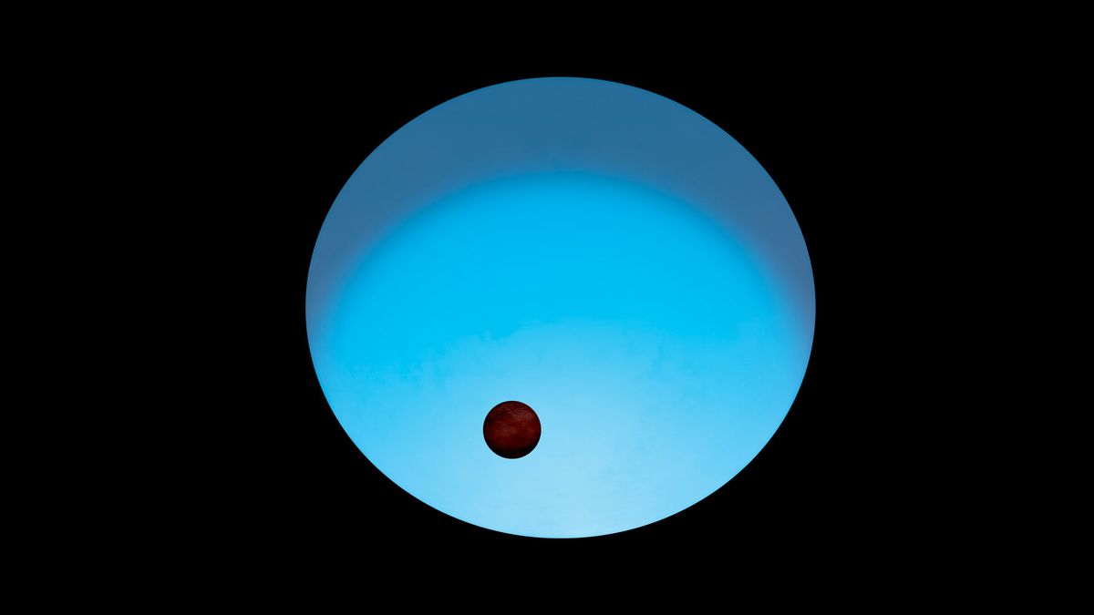 An artist&#039;s depiction of the planet WASP-189b orbiting its hot blue star.