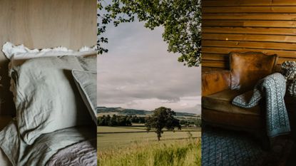 Three images of the Hergest Lee Cabin which show elements of the sleep reset: linen pillows on the bed, a view of the countryside, and a leather armchair