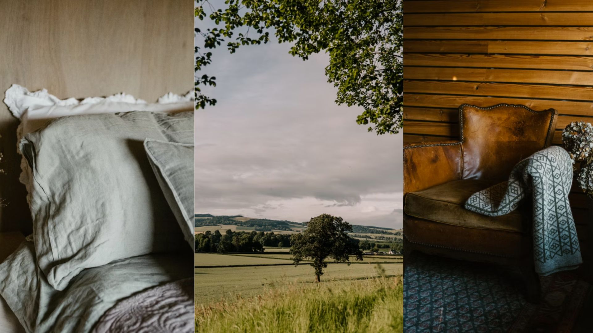 Three images of the Hergest Lee Cabin which show elements of the sleep reset: linen pillows on the bed, a view of the countryside, and a leather armchair