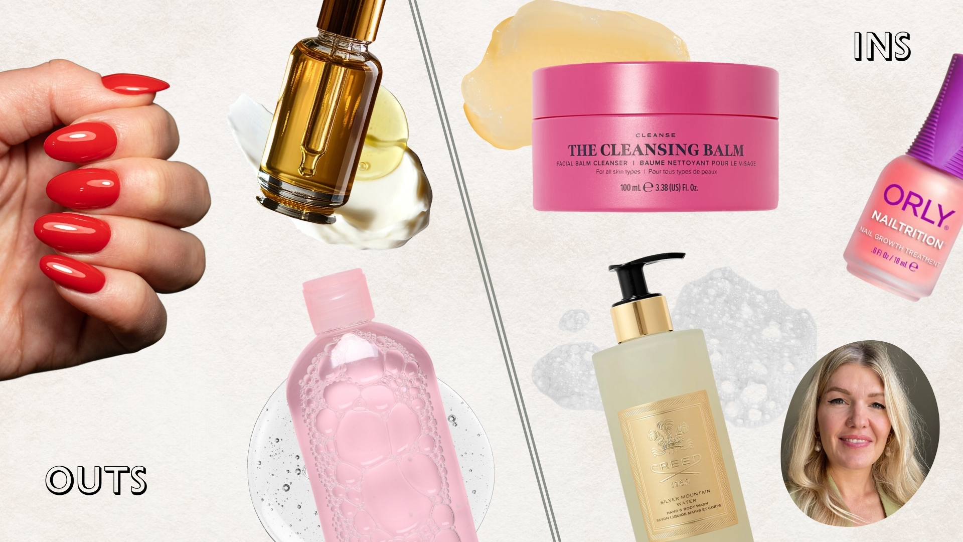 Collage of Fiona McKim's beauty ins and outs for 2026. On the left, Fiona's outs include back-to-back BIAB nails, micellar water, saving luxury products. On the left, Fiona's ins include cleansing balms, nail treatments and fancy hand wash.