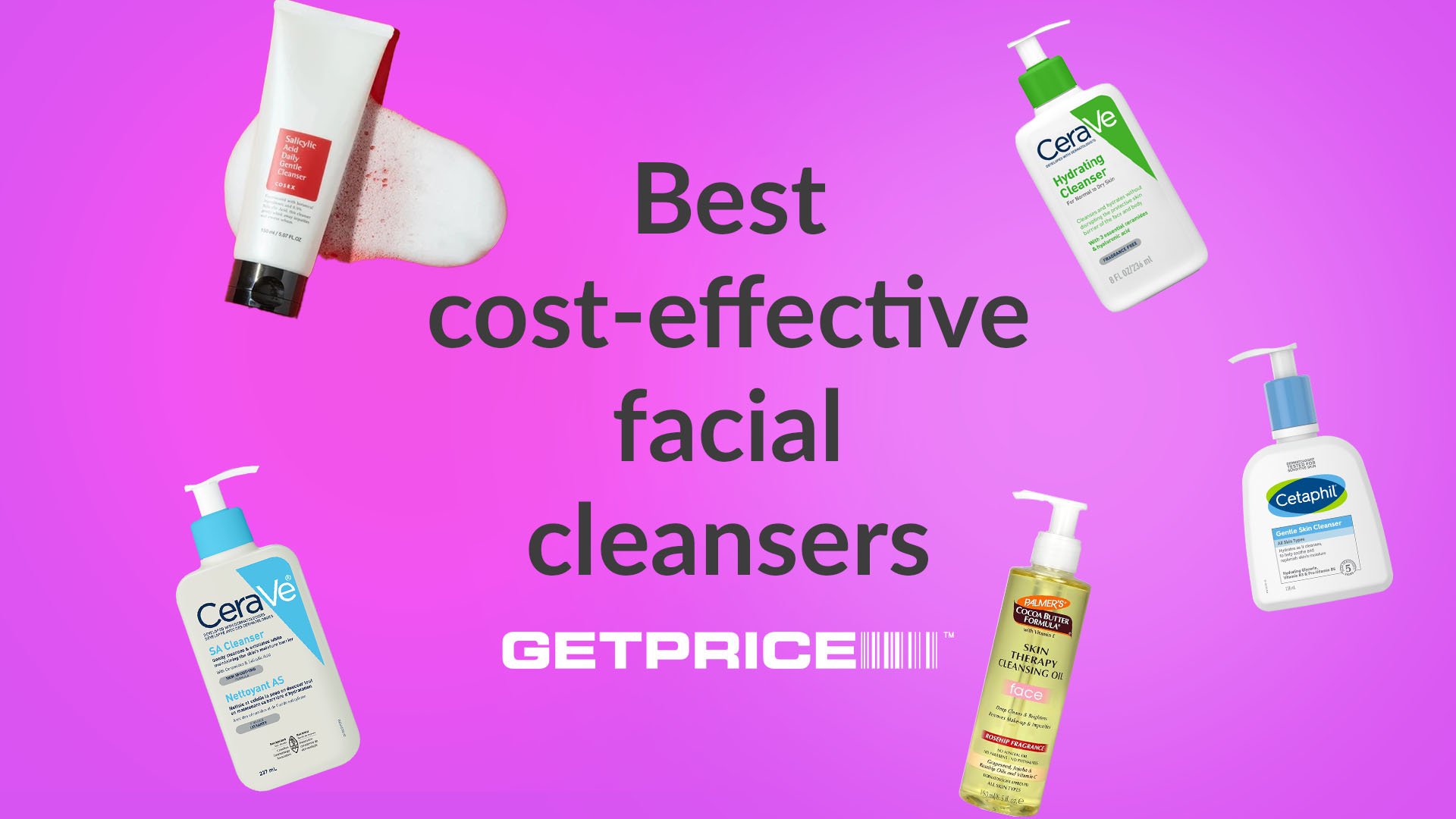 Purple/pink background with dark writing that says best cost-effective facial cleansers with pictures of different cleansers around it