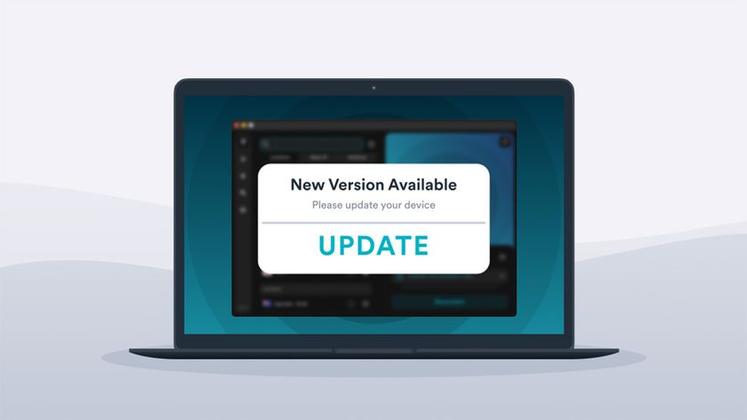 Cartoon graphic of a laptop, with Surfshark VPN app displayed on the screen. There is a prompt to update the app to a new version