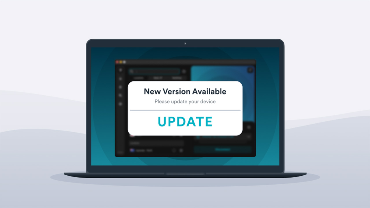 Cartoon graphic of a laptop, with Surfshark VPN app displayed on the screen. There is a prompt to update the app to a new version