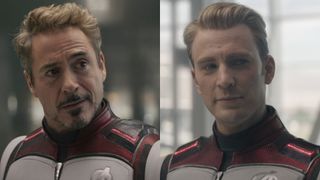 From left to right: A side by side of Robert Downey Jr. and Chris Evans as Tony Stark and Steve Rodgers in Avengers: Endgame.