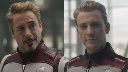 From left to right: A side by side of Robert Downey Jr. and Chris Evans as Tony Stark and Steve Rodgers in Avengers: Endgame.