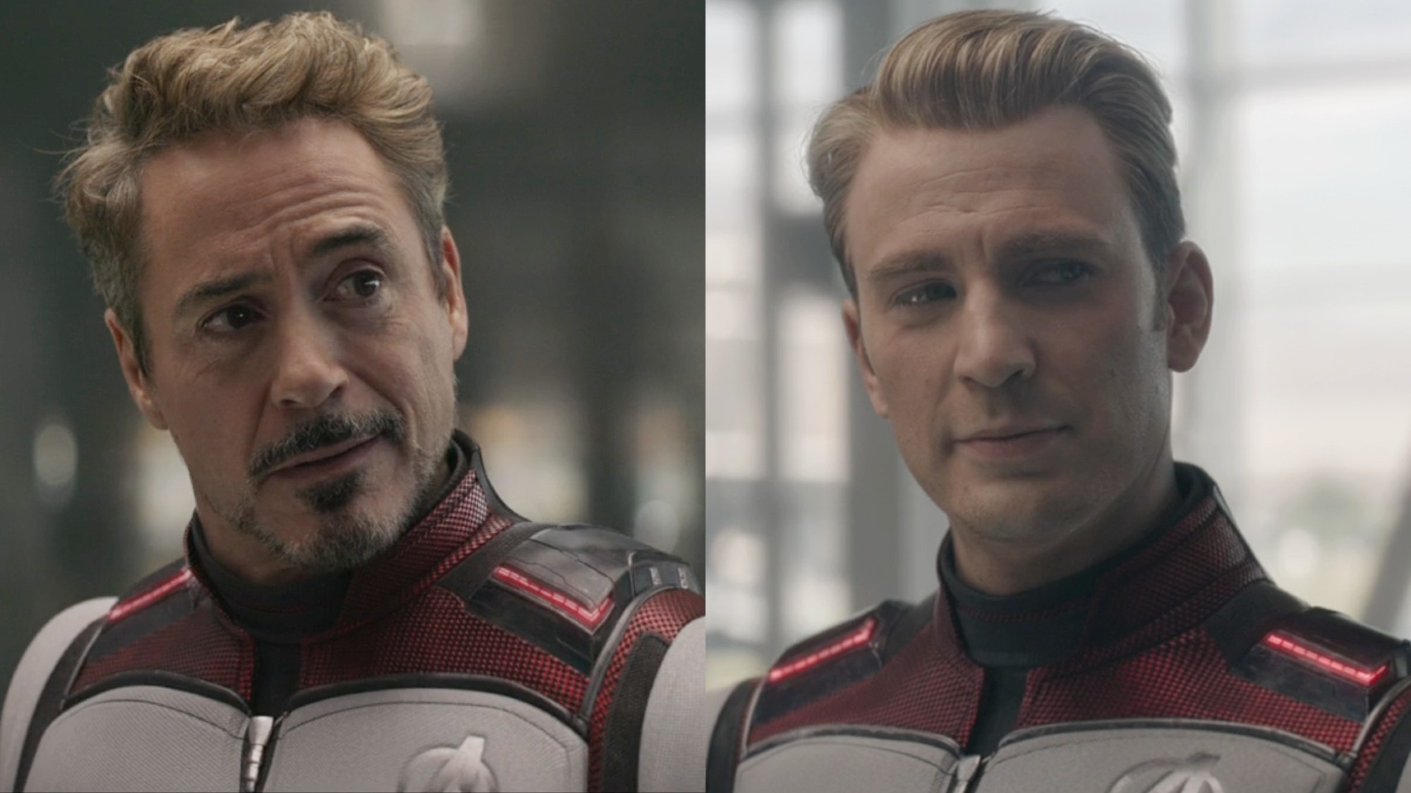 From left to right: A side by side of Robert Downey Jr. and Chris Evans as Tony Stark and Steve Rodgers in Avengers: Endgame.