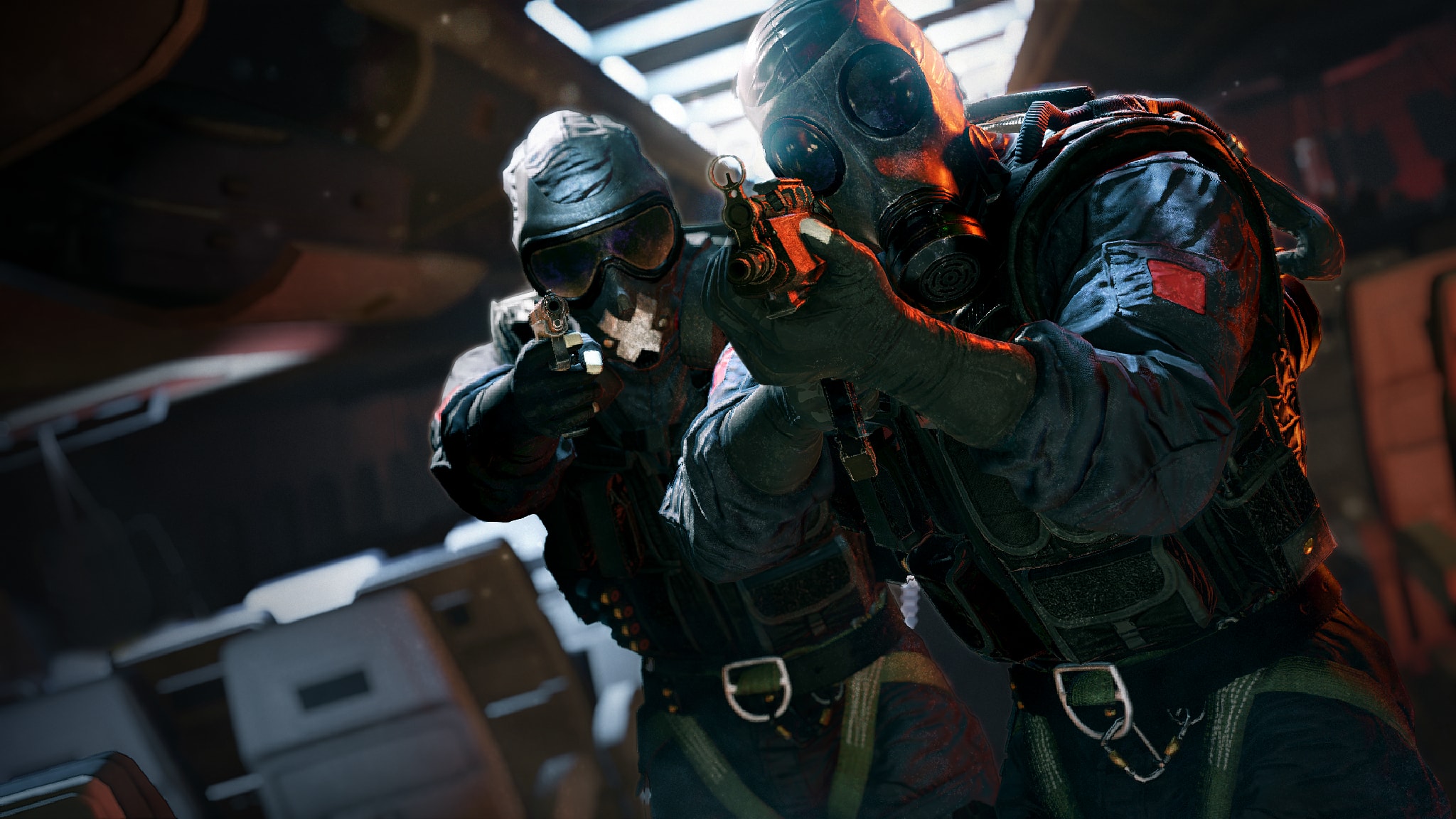 Two enemies with their weapons drawn in Rainbow Six: Siege