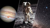 A three panel image showing Jupiter on the left, an astronaut standing on the moon in the middle and a starry night sky on the right.