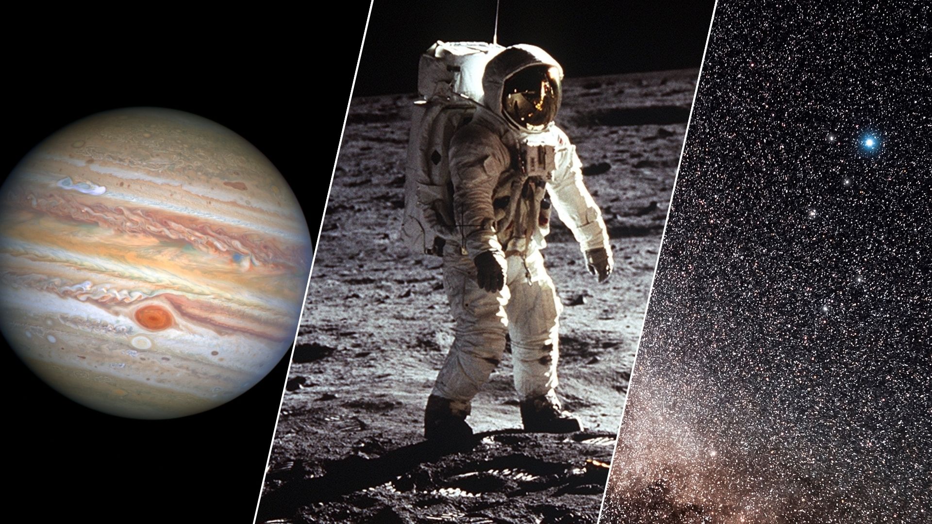 A three panel image showing Jupiter on the left, an astronaut standing on the moon in the middle and a starry night sky on the right.