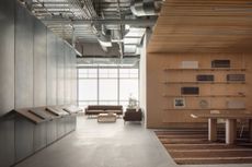 minimalist interior of artist Glenn Ligon's studio by Ravi Raj, with artworks and bespoke utilitarian furniture