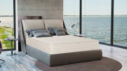 PlushBeds Botanical Bliss Organic Latex Mattress on a bed against windows looking onto a sea view.