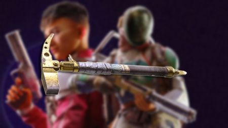 A golden pickaxe against a blurred image of two Raiders holding weapons.