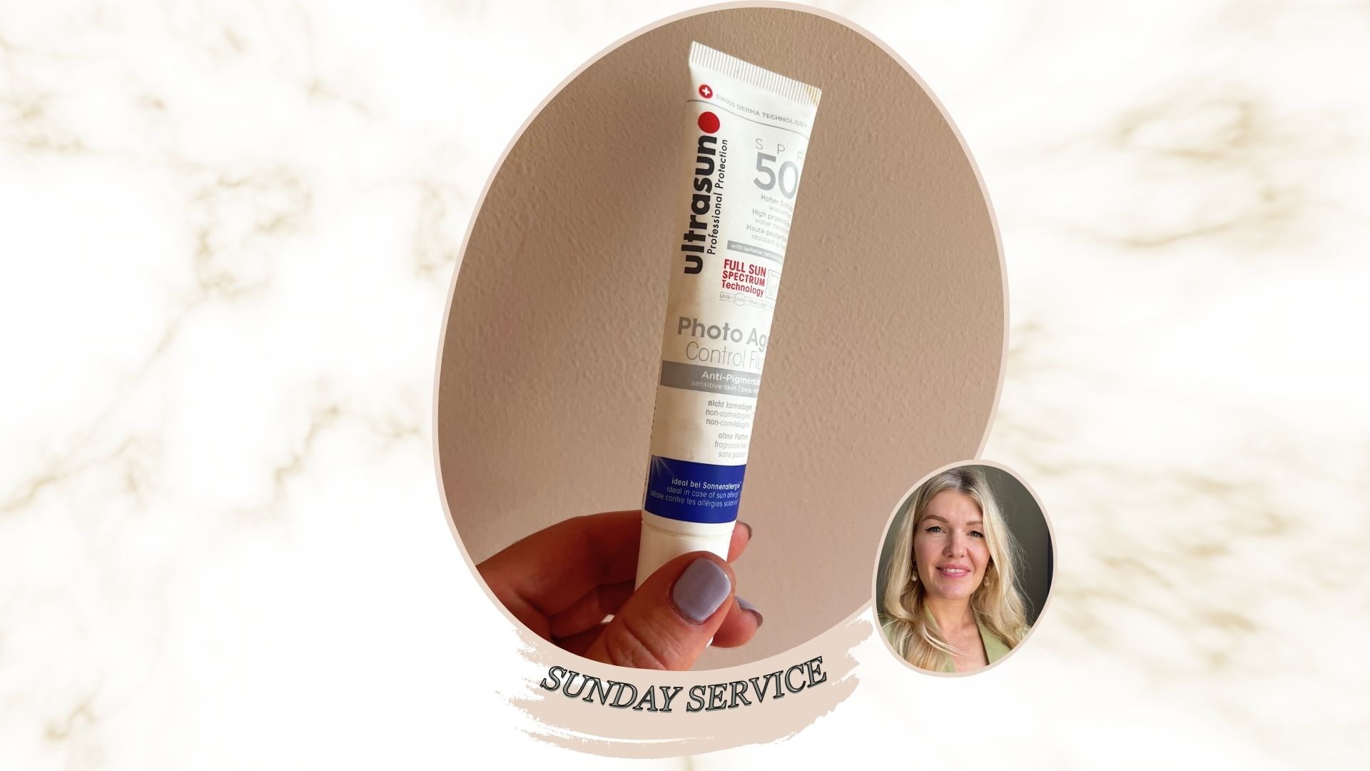 a hand with lilac nails holding a tube of ultrasun anti pigment sunscreen next to an image of beauty editor Fiona McKim smiling