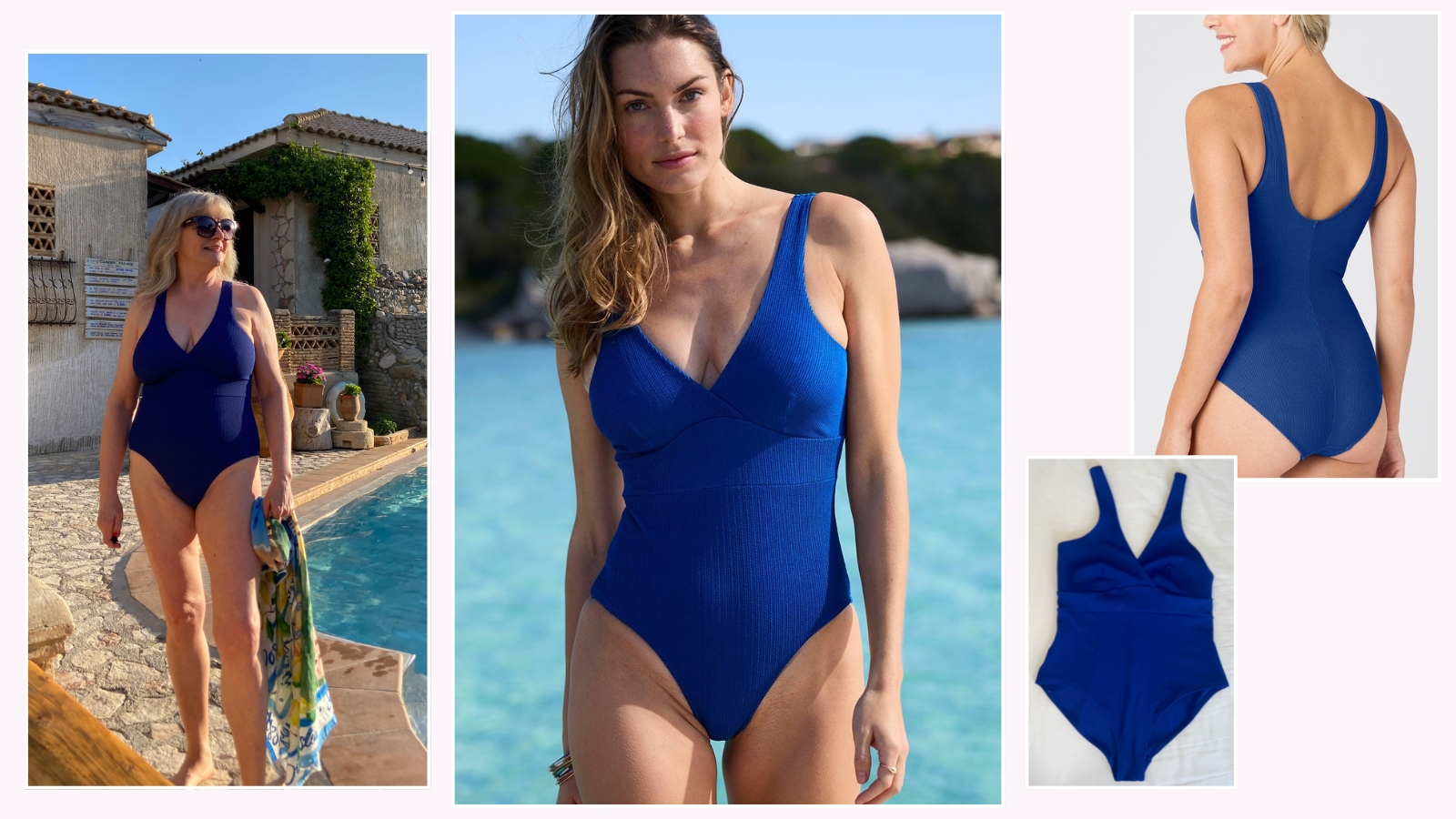 Julie Player and model wearing Damart blue swimsuit
