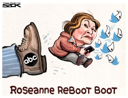 Political cartoon US Roseanne Barr ABC Twitter television racism bigotry cancelled