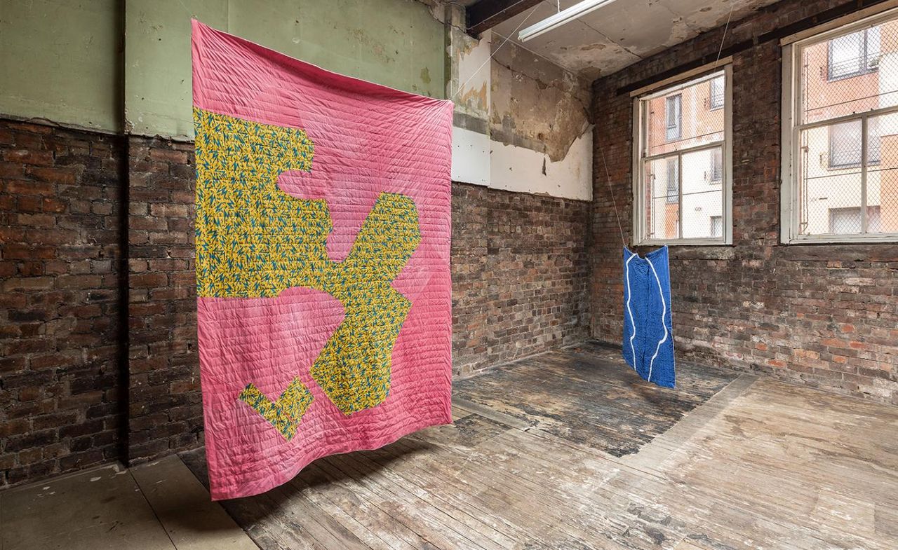 pink and blue quilt hanging at Glasgow&#039;s The Modern Institute