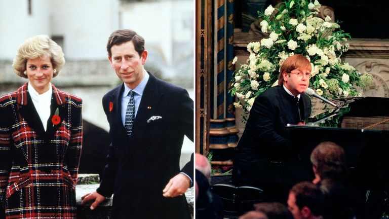 Prince Charles and Princess Diana // Elton John performing at Princess Diana's funeral service