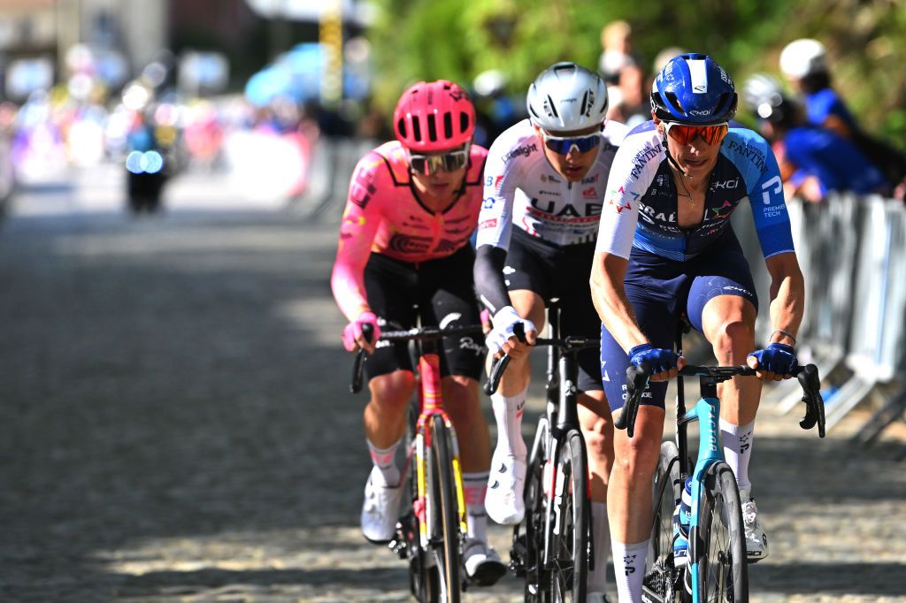 OVERIJSE BELGIUM APRIL 10 LR Marijn van den Berg of The Netherlands and Team EF Education EasyPost Tim Wellens of Belgium and UAE Team Emirates and Dylan Teuns of Belgium and Team Israel Premier Tech compete in the breakaway during the 64th De Brabantse Pijl La Fleche Brabanconne 2024 Mens Elite a 1952km one day race from Leuven to Overijse on April 10 2024 in Overijse Belgium Photo by Luc ClaessenGetty Images