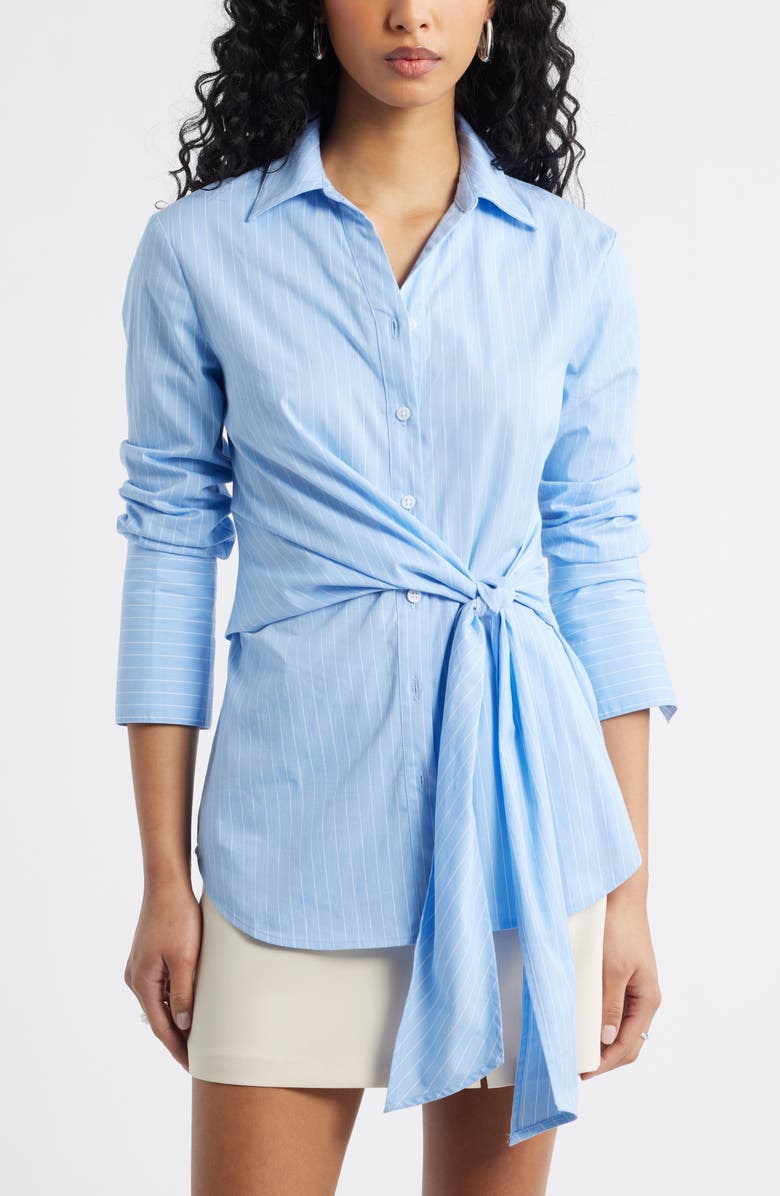 Pinstripe Button-Up Tie Waist Poplin Top