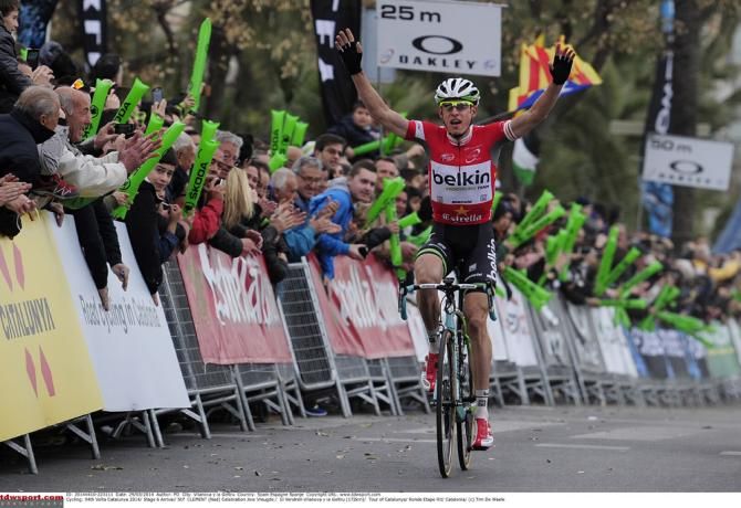 Stef Clement (Belkin), in the Catalunya mountain classification leader's jersey, soloed to victory on stage 6 after he dropped his breakaway companions in the finale