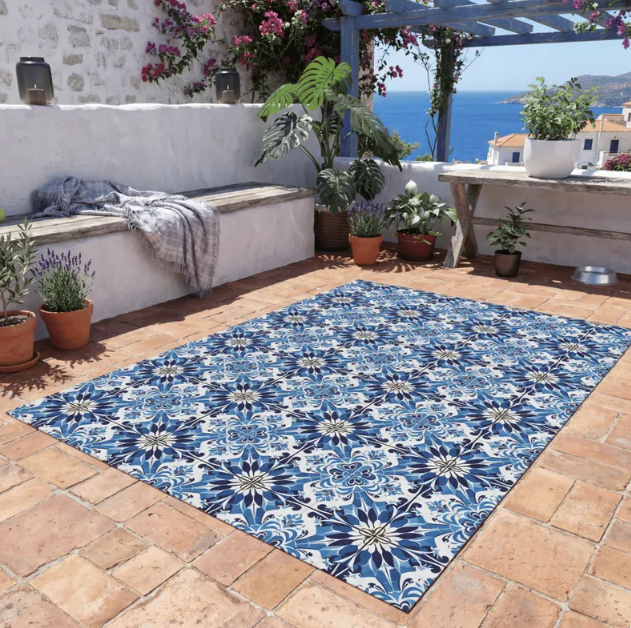 Blue Mediterranean Patio Rug Outdoor Tile from Etsy