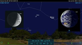 To re-create the moment Neil Armstrong took his first step on the moon, set your app to July 20, 1969, at 10:56 p.m. EDT. For observers in the east, the waxing crescent moon was setting, while observers in mid-continent saw the moon and a bright Jupiter. Uranus was there, too! SkySafari 5 lets you identify the Apollo landing sites (inset). If the astronauts had time to gaze earthward, they would have seen a lovely partly illuminated Earth. The Parkes radio telescope in Australia (visible in the lower left) was handling communications with Apollo 11.