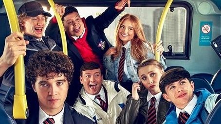 The cast of G&#039;wed lark around at the back of a bus as a forlorn Christopher (played by Jake Kenny-Byrne) stares at the camera