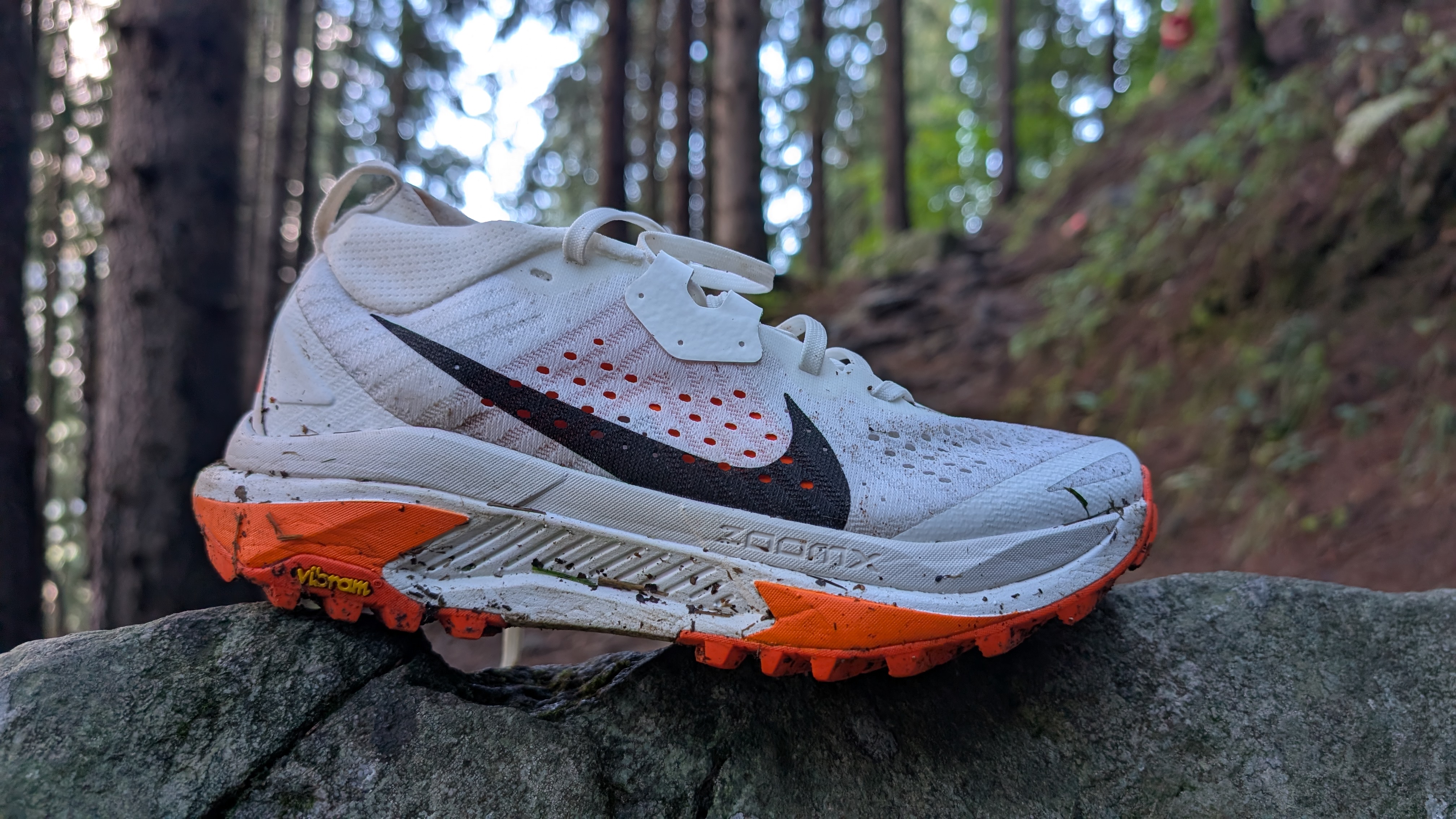Nike ACG Zegama Trail shoe in white and orange on a rock with trees in the background