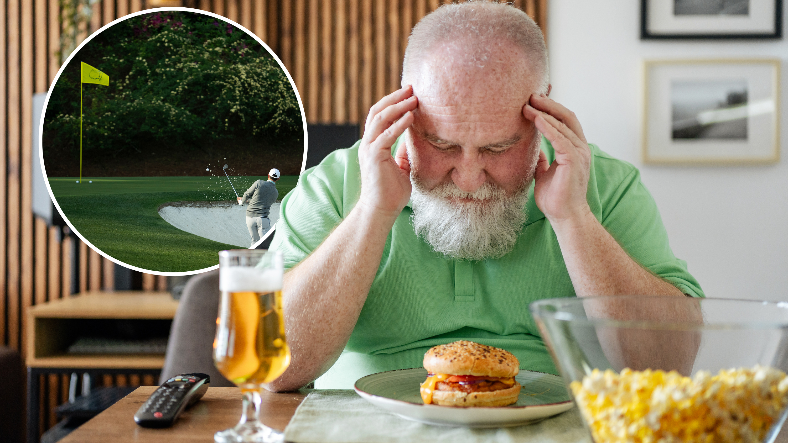 A despairing television viewer with his head in his hands, with an inset image of Rory McIlroy hitting a bunker shot at the Masters in 2026
