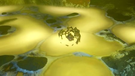 A Subnautica 2 Axum Bacterial Culture sits in the middle of a toxic pool of water