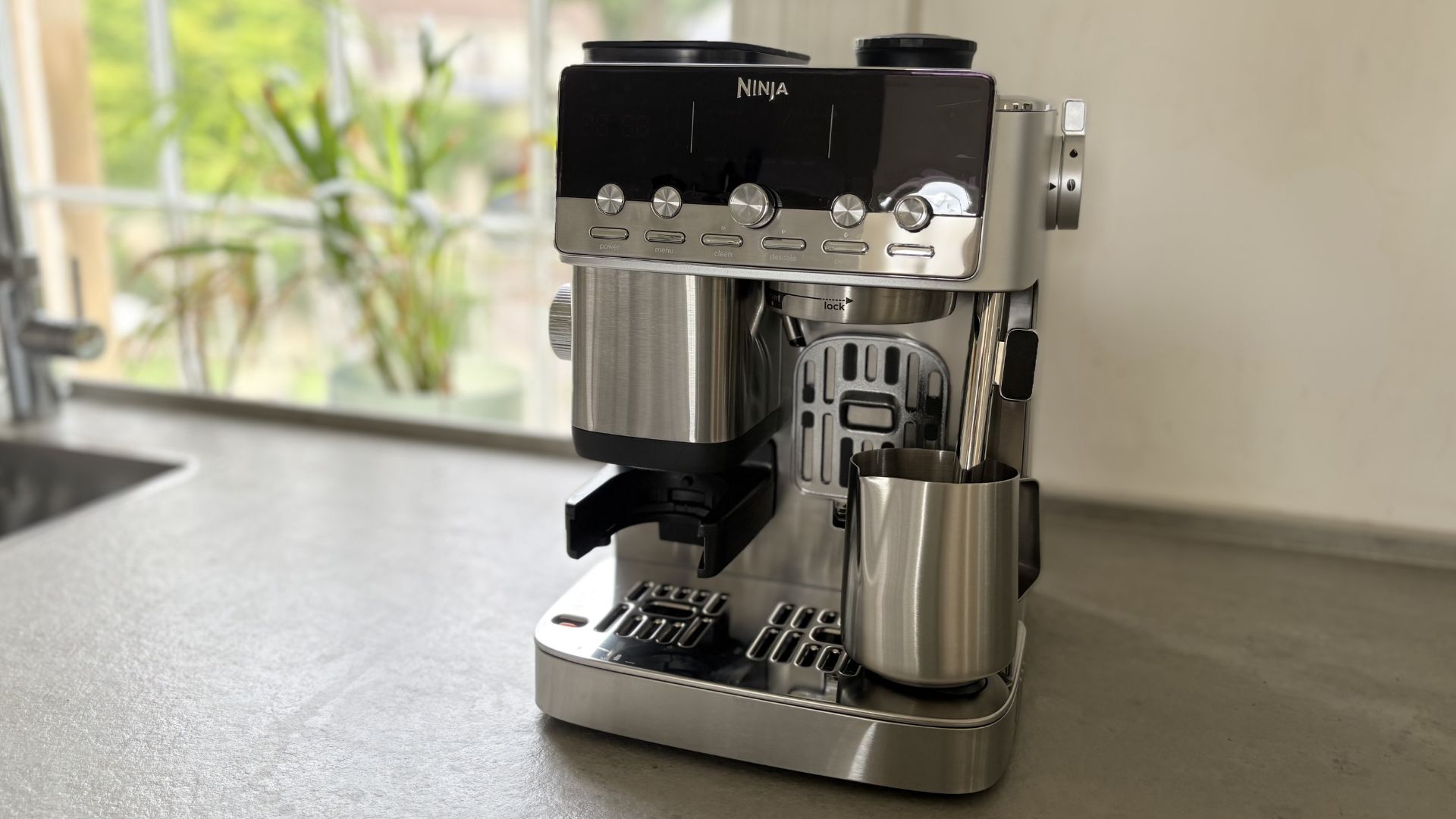 The Ninja Luxe Caf&amp;eacute; Mini Plus Espresso Machine on the counter