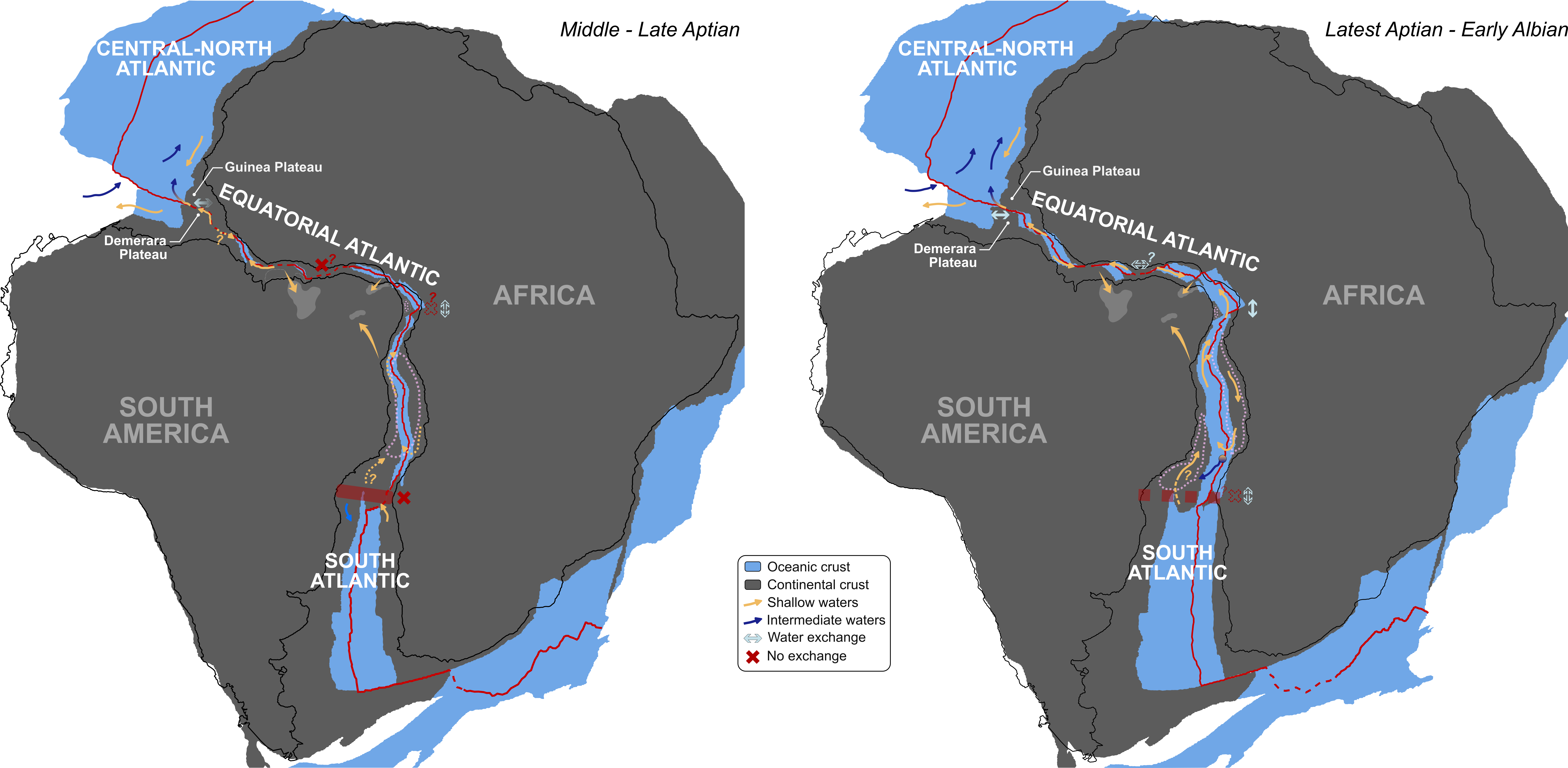 Formation of the ocean between South America and West Africa.
