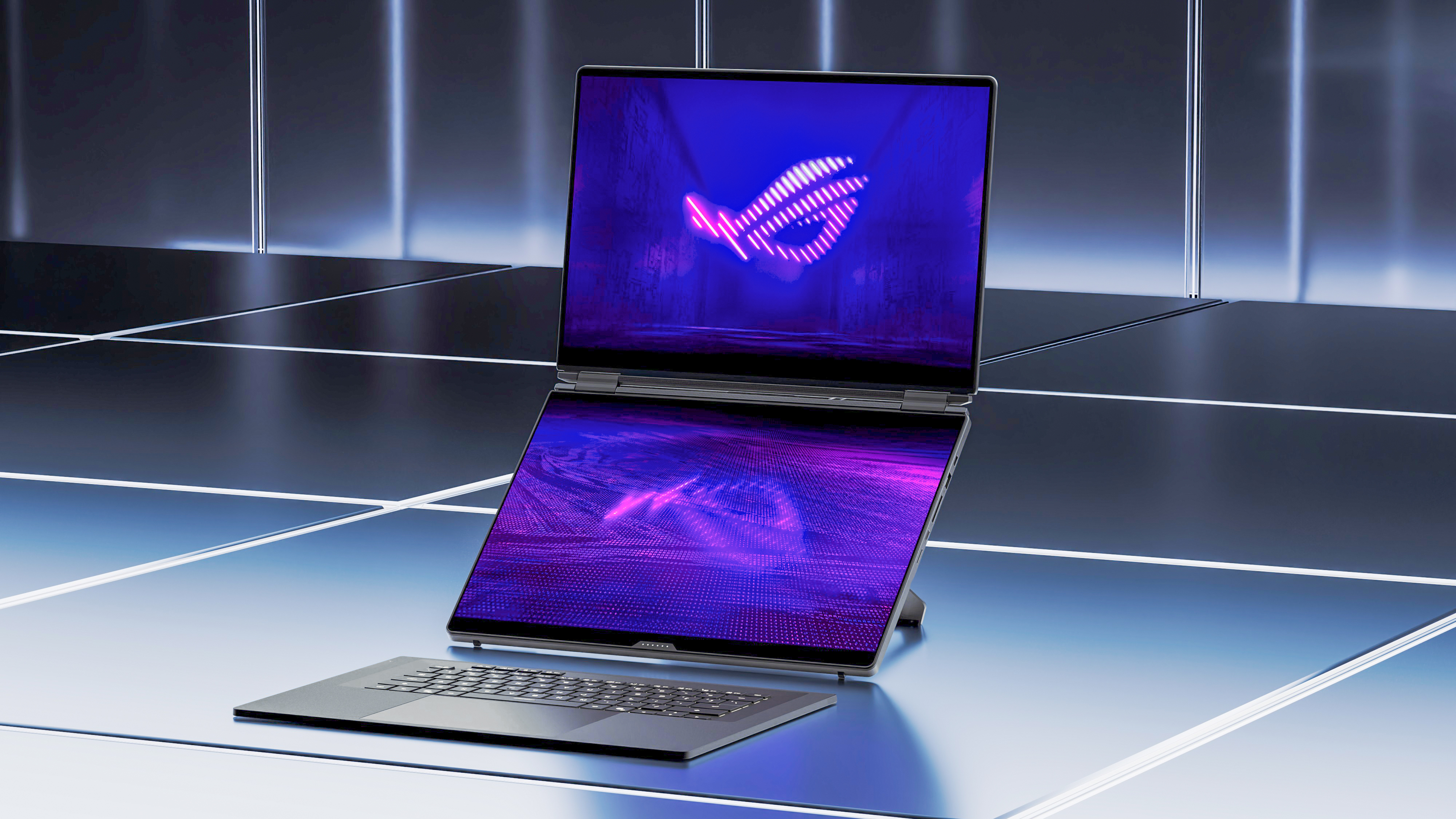 The ASUS Zephyrus Duo on its own displaying both screens horizontally. 