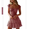 Yobecho Womens Summer Ruffle Sleeve Sweetheart Neckline Printing Dress Mini Dress