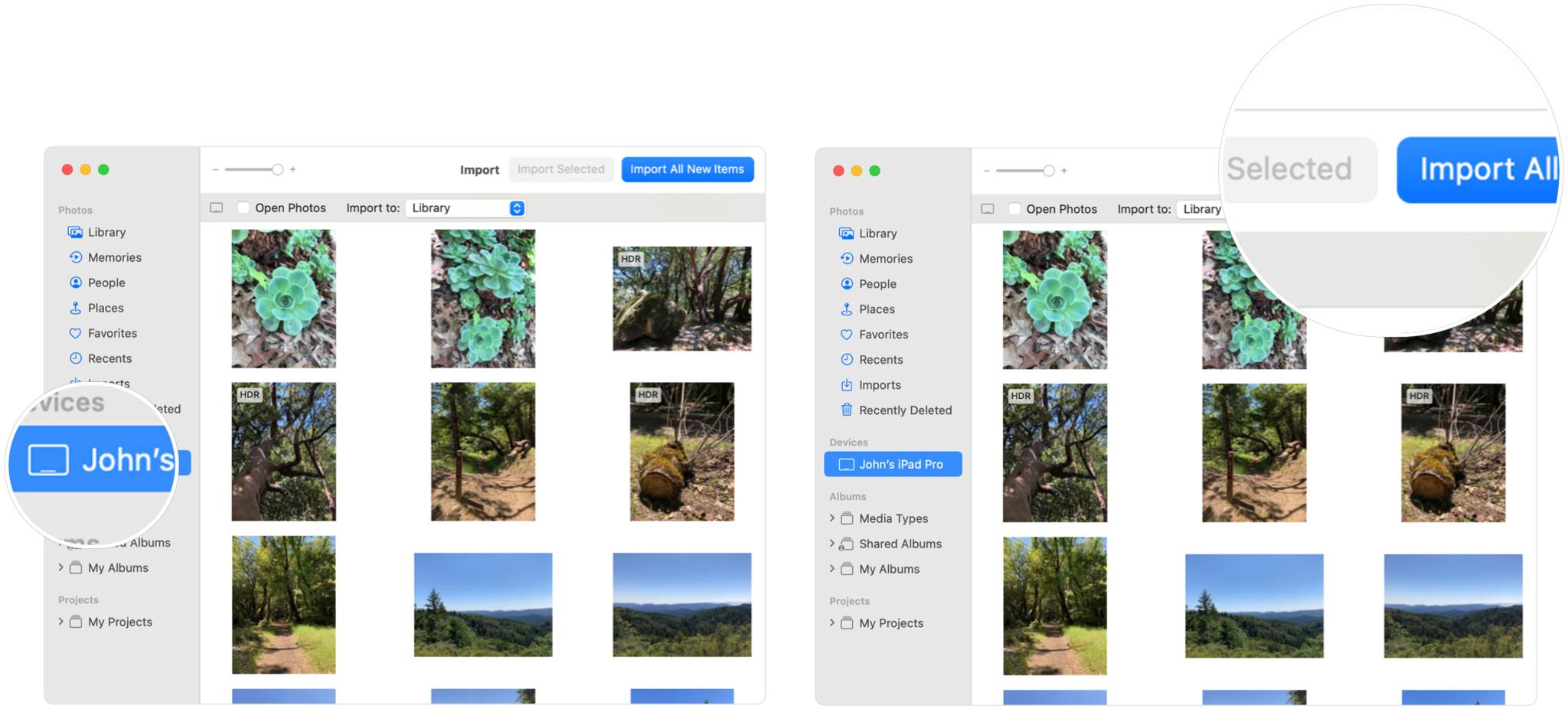 Import photos from iPhone or iPad via the Photos app on Mac by showing: Click device name in the sidebar if it does not go to the Import screen after plugging in automatically, then select your photos and click Import Selected, or Import All if you didn't select specific photos