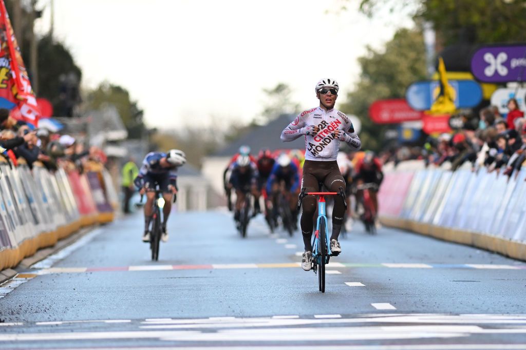 OVERIJSE BELGIUM APRIL 12 Benot Cosnefroy of France and AG2R Citron Team celebrates at finish line crossing on third place during the 63rd De Brabantse Pijl La Fleche Brabanconne 2023 Mens Elite a 2051km one day race from Leuven to Overijse on April 12 2023 in Overijse Belgium Photo by Luc ClaessenGetty Images