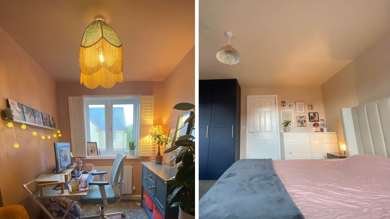 Two pictures of painted ceilings in the writer&#039;s home. Left is terracotta small home office with green tasselled ceiling shade and right is neutral bedroom with gallery wall and navy blue floor to ceiling wardrobes