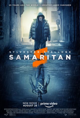 L'affiche officielle du film de super-héros Samaritan sur Prime Video, avec l'acteur légendaire Sylvester Stallone.