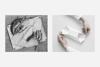 Left: a sketch of two hands drawing each other. Right: an image of two hands holding a piece of folded paper