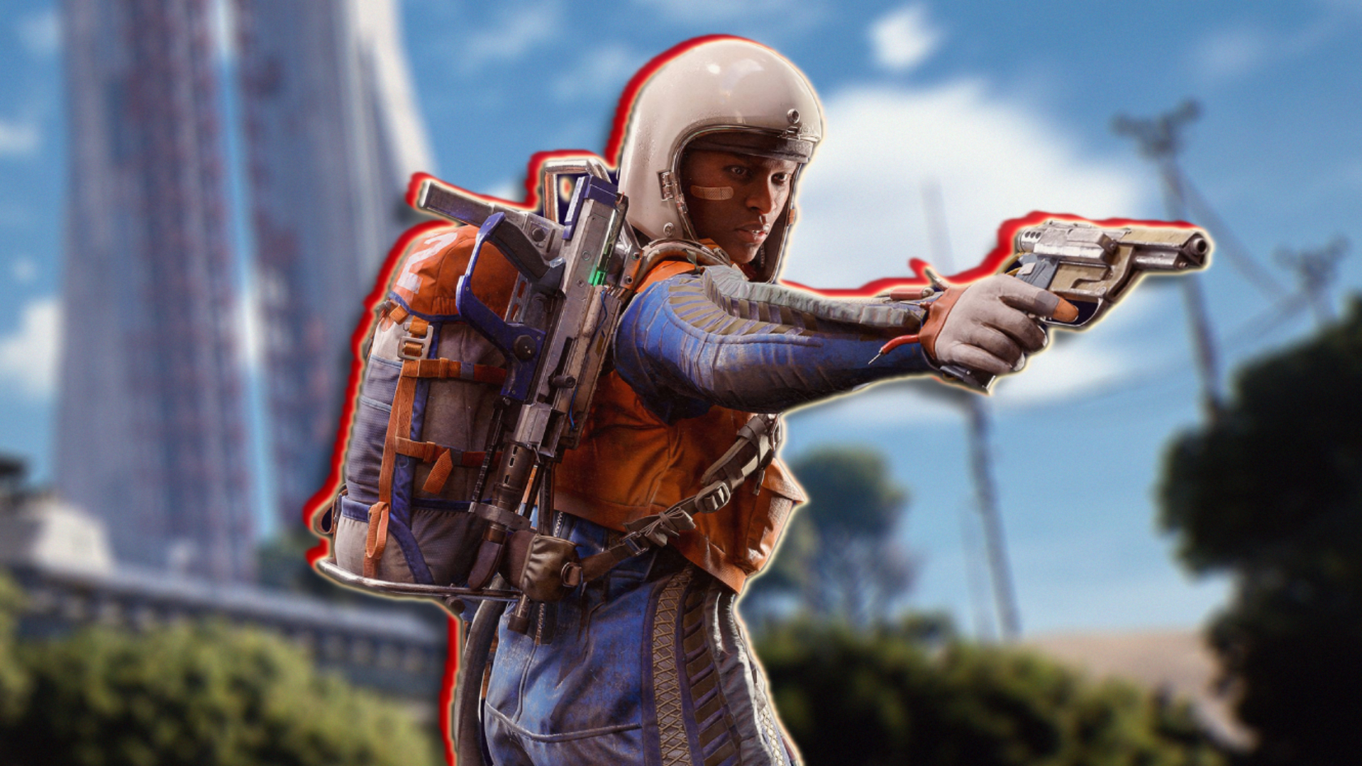 A Raider wears a blue and white jumpsuit, a white helmet, and aims a pistol with their right hand