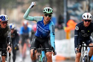 COLFIORITO, ITALY - MARCH 12: Andrea Vendrame of Italy and Decathlon Ag2R La Mondiale Team celebrates at finish line as stage winner ahead of Thomas Pidcock of The United Kingdom and Q36.5 Pro Cycling Team and Romain Gregoire of France and Team Groupama - FDJ during to the 60th Tirreno-Adriatico 2025, Stage 3 a 239km stage from Follonica to Colfiorito / #UCIWT / on March 12, 2025 in Colfiorito, Italy. (Photo by Tim de Waele/Getty Images)