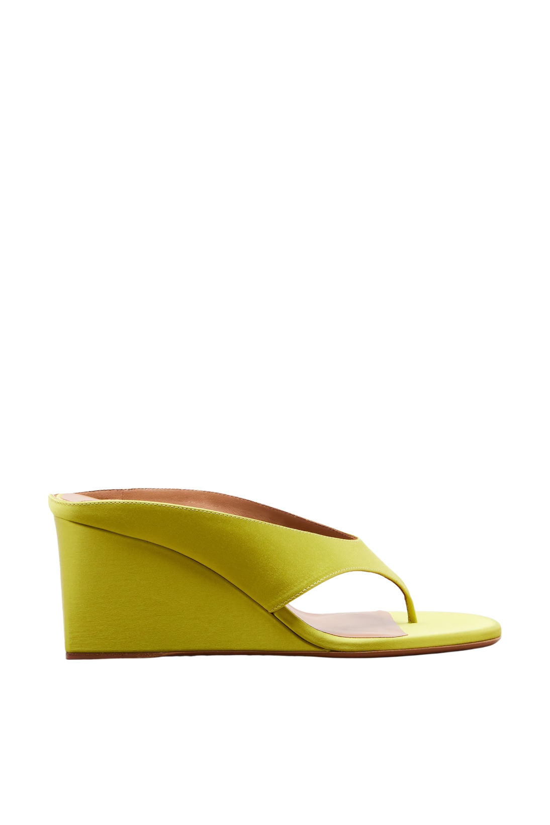 Chartreuse wedge thong sandals.